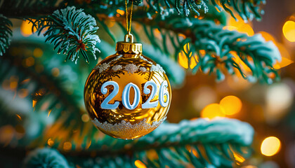 Gold Christmas Ornament with White 2026 Letters. Luxurious Golden Bauble with White Text on Fir Tree. Shiny Gold Ball with 2026 Decoration Close-Up. Metallic Gold Ornament with Bold White Numbers.