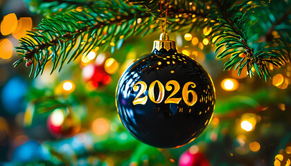 Black Christmas Ball with Golden 2026 Letters. Luxurious Black and Gold Holiday Ornament Close-Up. Gold Lettering on Glossy Black Christmas Bauble. Elegant Black Ornament with Gold Year Decoration.