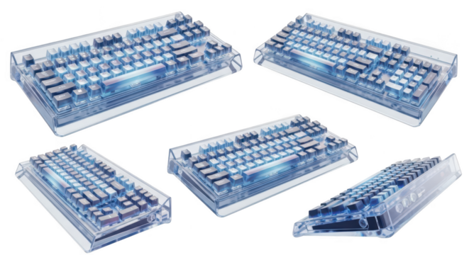 Transparent keyboard arrangement displaying internals showcased on white background used for tech presentations and product visuals