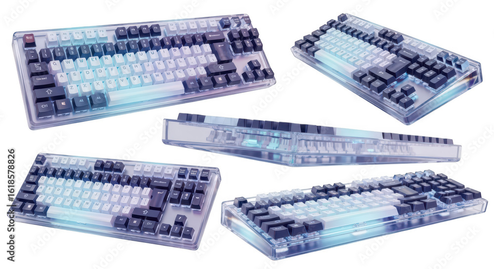 Aufkleber multiple views of a transparent backlit mechanical keyboard on a white backdrop showcasing the inter