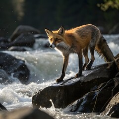 Obraz premium Beautiful red fox standing on a few stones over the water surface. Very focused on its prey. Pure natural wildlife photo. Ready to hunt.