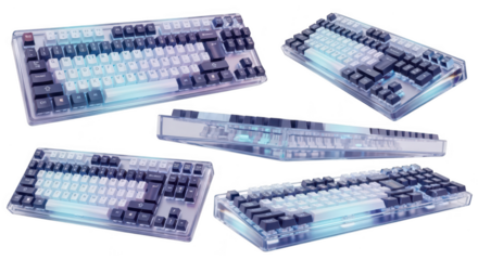 Multiple views of a transparent backlit mechanical keyboard on a white backdrop showcasing the internal components for tech and design concepts