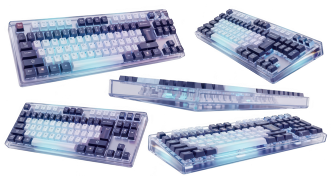 Multiple views of a transparent backlit mechanical keyboard on a white backdrop showcasing the internal components for tech and design concepts