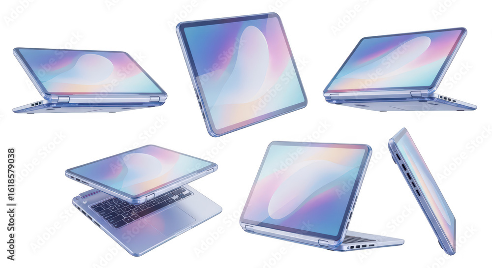 Aufkleber floating laptops in multiple angles on white with colorful abstract screen displays ideal for tech p