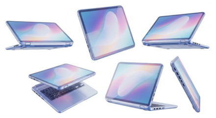Floating laptops in multiple angles on white with colorful abstract screen displays ideal for tech product mockups or promotional use