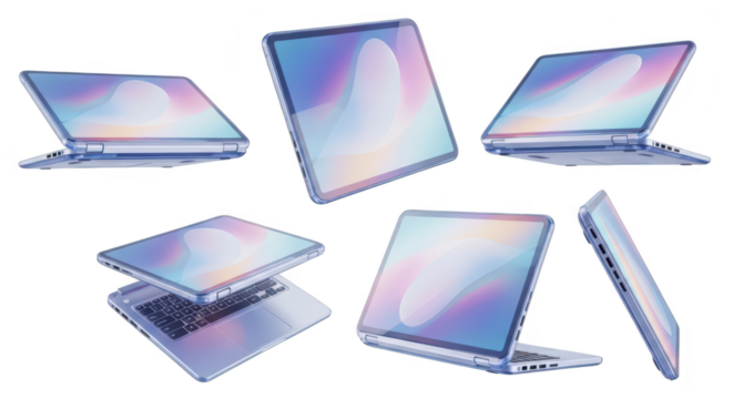 Floating laptops in multiple angles on white with colorful abstract screen displays ideal for tech product mockups or promotional use - Powered by Adobe