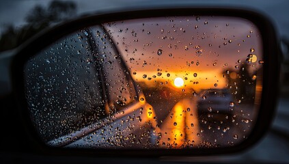 Sunset view through a car mirror, rain drops