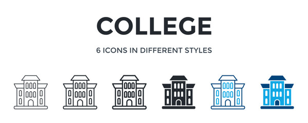 College Icon In Different Style Vector Illustration. Designed In Thin Line, Regular Line, Bold Line, Glyph, Color Line, And Color Glyph Style Can Be Used For Web
