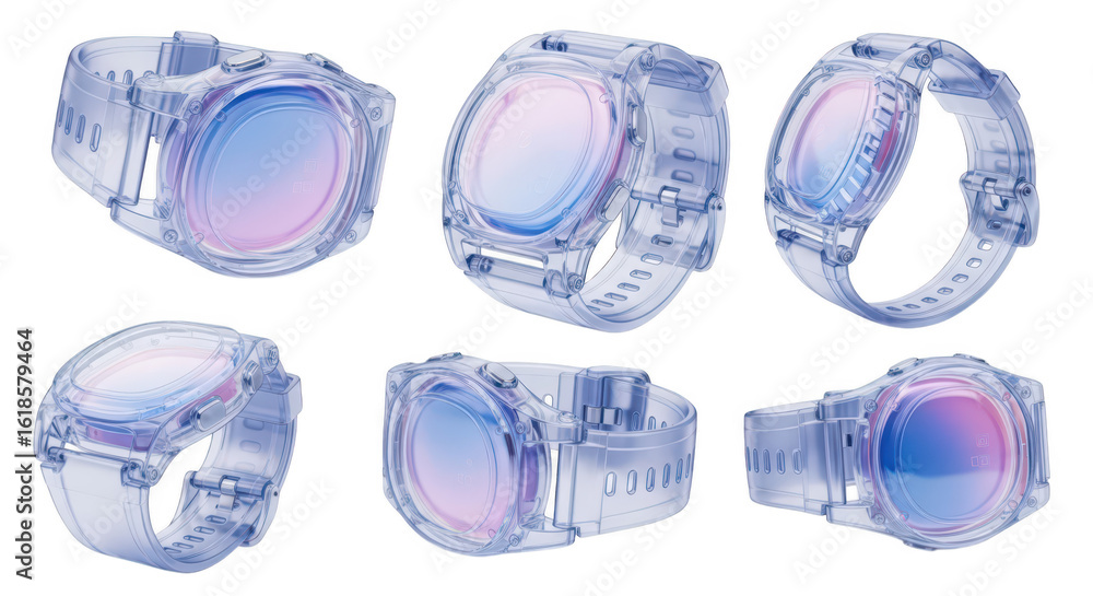 Aufkleber transparent smartwatch collection rotating on white background showcasing design & functionality ide