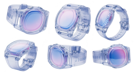 Transparent smartwatch collection rotating on white background showcasing design & functionality ideal for tech advertising & UI/UX design
