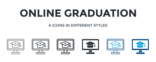 Online Graduation Icon In Different Style Vector Illustration. Designed In Thin Line, Regular Line, Bold Line, Glyph, Color Line, And Color Glyph Style Can Be Used For Web