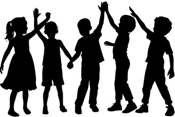 Fototapeta premium A graphic silhouette of a diverse group of joyful children playing and celebrating together. Vector illustration representing childhood friendship, unity, and youthful energy.