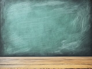 Classic green chalkboard with a wooden classroom floor and blank space for writing or teaching content