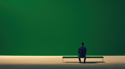 Man Sitting Alone on a Bench in a Minimalist Space with a Green Background and Empty Floor