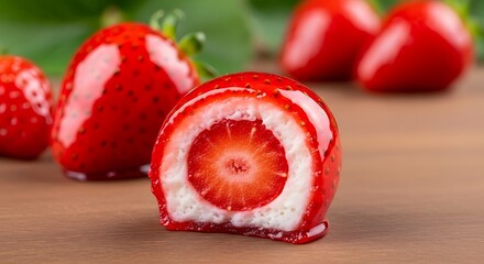 Candied Strawberry with Cream Filling Close-Up on Wooden Surface, Glossy Red Shell with Bite Exposed in Food