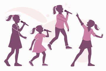 Obraz premium Vector illustration set of young girls singing with microphones. Silhouettes of children performing, showing musical talent and youthful energy.