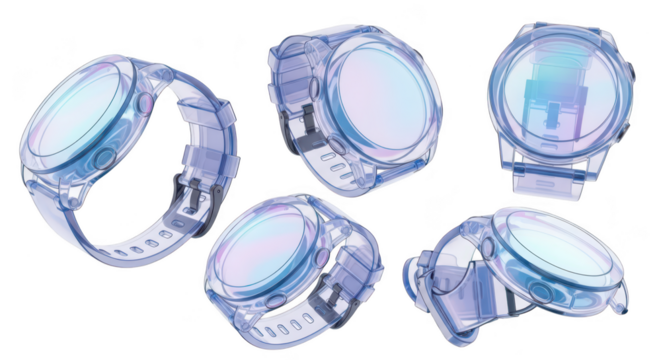 Several views of a translucent smart watch isolated on white showcasing design and features suitable for technology product promotion