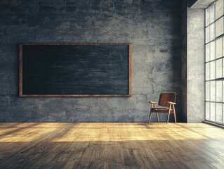 Modern classroom with large wooden floor and empty blackboard industrial style interior design