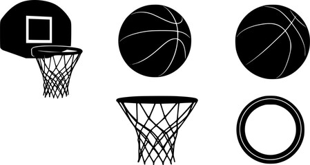 Basketball hoop, basketball and goal, net, ring icon silhouettes set	