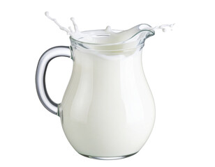  Top-Down View of Glass Milk Jug with Splash Effect, Transparent Background