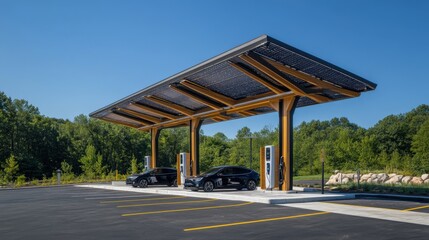 Modern Electric Vehicle Charging Station Featuring Solar Panels in an Open Outdoor Space Surrounded by Lush Greenery and Clear Blue Sky