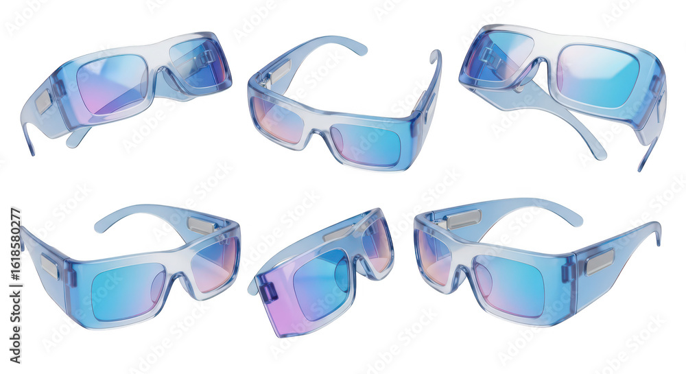 Aufkleber multiple views of futuristic style eyewear floating on a bright white background showing different a