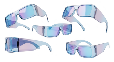 Several pairs of futuristic-looking sunglasses arranged on a white background showcasing design & style good for fashion imagery