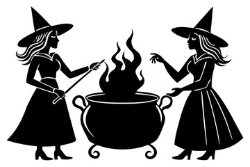 Mysterious pagan ritual with two enchantresses casting a magic spell into a flaming cauldron. Black and white witchcraft silhouette.