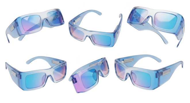 Multiple views of futuristic style eyewear floating on a bright white background showing different angles for visual marketing