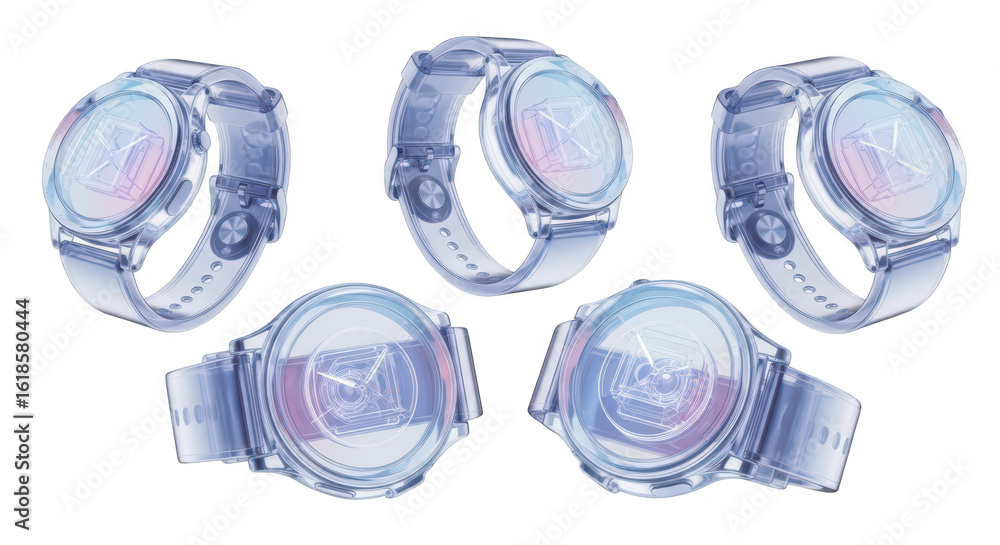 Poster floating clear smartwatches showing email icons rotating in a studio against a white background idea