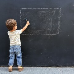 Young boy drawing on a large blackboard with chalk in a classroom or educational setting for creative learning and artistic expression