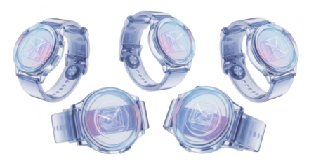 Floating clear smartwatches showing email icons rotating in a studio against a white background ideal for technology or communication visuals