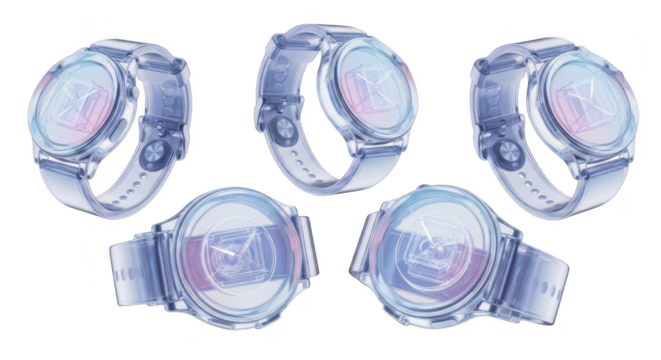 Floating clear smartwatches showing email icons rotating in a studio against a white background ideal for technology or communication visuals