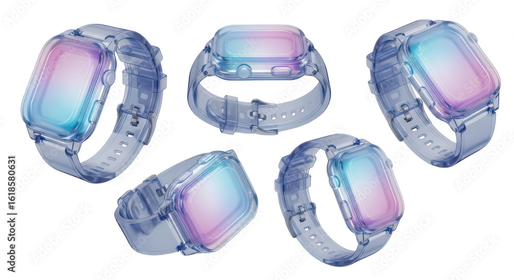 Poster transparent smartwatch in multiple angles floating against white background for design mockup or pro