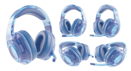 Transparent blue headphones rotating on a white backdrop showcasing design and functionality for technology advertising