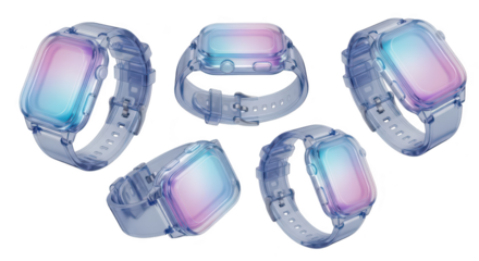Transparent smartwatch in multiple angles floating against white background for design mockup or product advertising