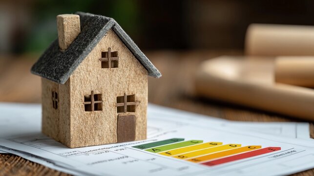 Wooden model house on energy assessment report with colorful rating chart displayed