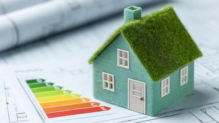Miniature green house with eco-friendly design on blueprint and energy efficiency chart