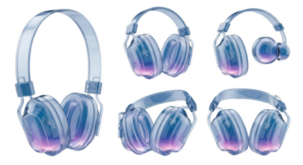 Transparent headphones in various angles illustrating music listening and audio clarity on a clean white background Possible use in advertising