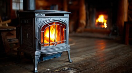 Cozy wood stove in a rustic cabin warming the room on a chilly evening