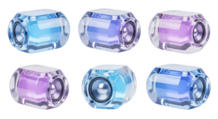 Colorful crystal speakers displaying sound projection on a plain white background used for audio-visual representation