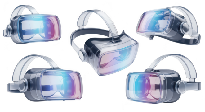 Transparent VR headsets floating on a white surface showcasing colorful light projections suitable for virtual reality concepts