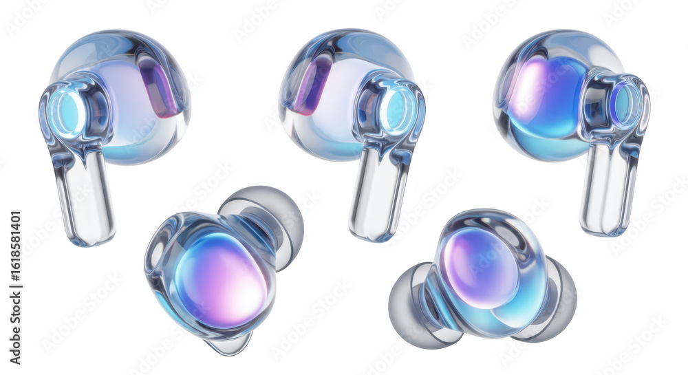 Aufkleber rendered transparent earbuds in different angles on white background floating with abstract vibrant 