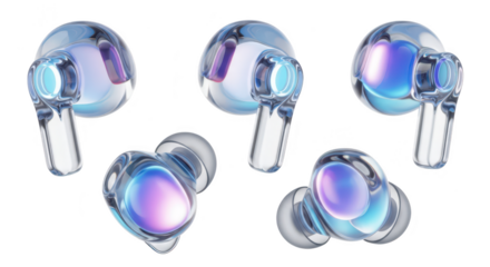 Rendered transparent earbuds in different angles on white background floating with abstract vibrant light reflections perfect for tech product ads