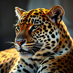 Fototapeta premium Striking profile of a jaguar with dramatic lighting highlighting its face and contours. A powerful and elegant wildlife portrait, ideal for nature, conservation, and editorial themes.