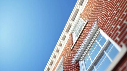 Close-up of a red brick building facade with white window frames under a clear blue sky