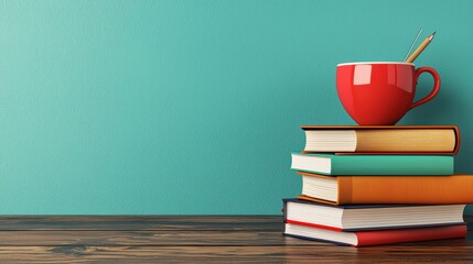 Stack of colorful hardcover books with a red mug and stationery on a wooden surface against a turquoise wall