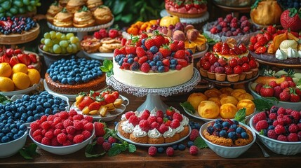 Colorful dessert table with fruits and pastries displayed