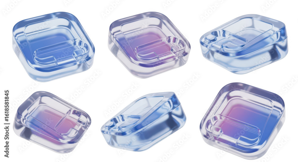 Poster transparent rectangular containers digitally rendered in different angles isolated on white ideal fo
