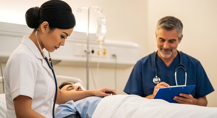 Obraz premium Medical Professionals Caring for Patient in Hospital Room with Bright Lighting